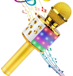 Microfon Karaoke Portabil 5 in 1 pentru Copii cu Bluetooth Difuzor USB Card SD si Compatibil cu Aplicatii Karaoke Gold Gold 
