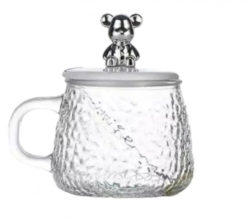 Cana din sticla textura lovitura de ciocan cu capac si lingurita 350 ml 