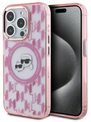 Husa pentru iPhone 15 Pro - Karl Lagerfeld IML MagSafe KLHMP15LHMCKMHP - Pink Monogram Karl&Choupette Head 
