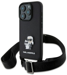 Husa pentru iPhone 16 Pro Max - Karl Lagerfeld Saffiano Crossbody KLHCP16XSAKCPBK - Metal Pin Karl&Choupette 