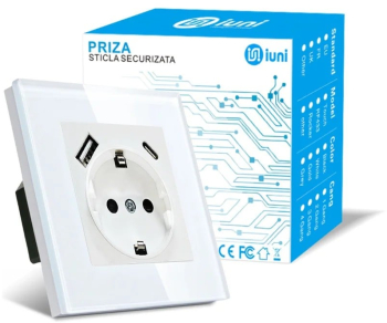 Priza rama sticla securizata porturi USB-A si USB-C iUni UC1 16A 