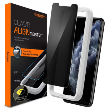 Folie pentru iPhone 11 / iPhone XR - Spigen Glas.tR Align Master Privacy - Black 