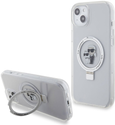 Husa pentru iPhone 15 Plus - Karl Lagerfeld Hardcase Ring Stand MagSafe KLHMP15MHMRSKCH - White Karl&Choupette 
