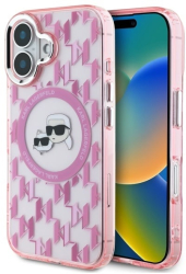 Husa pentru iPhone 16 - Karl Lagerfeld IML MagSafe KLHMP16SHMCKMHP - Pink Monogram Karl&Choupette Head 