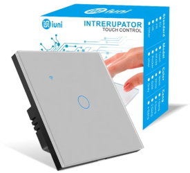 Intrerupator smart touch WiFi Sticla securizata iUni 1G 10A Control vocal Smart Life / Tuya LED Silver 