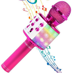 Microfon Karaoke Portabil 5 in 1 pentru Copii cu Bluetooth Difuzor USB Card SD si Compatibil cu Aplicatii Karaoke Roz 