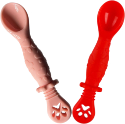 Set 2 Pre Lingurite Bebelusi pentru Hranire si Diversificare la Bebe de 4-24 luni   din Silicon 2 capete Roz si Rosie 