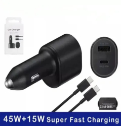 Incarcator Auto pentru samsung S25 S24 S22 S23 S21 S20 45W USB-C si 15W USB plus Cablu de incarcare USB-C la USB-C 5A 1m Negru 