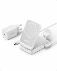 Incarcator wireless magnetic Anker MagGo 3-in-1 MagSafe Qi2 Alb 