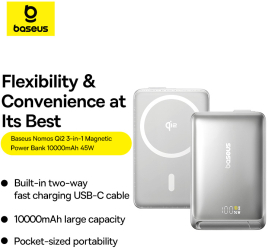 Baterie externa Baseus Nomos Qi2 Magnetic 10.000 mAh 45W cablu USB-C inclus Gri 