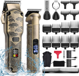 Masina de tuns si aparat de ras profesionala trimmer cu lama T pentru par/barba/par corporal/nas cu acumulator afisaj LED set rezisten 