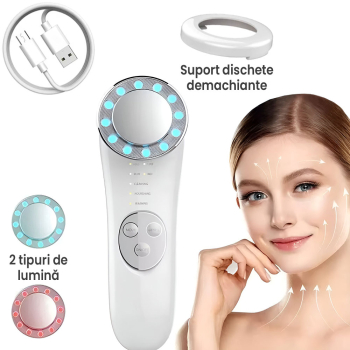 Aparat masaj facial GlowforHome Fototerapie Lifting facial Anti Rid vibratii EMS dispozitiv tratament si ingrijire faciala 5 in 1 Alb 