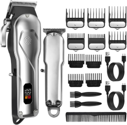 Set Masina de Tuns Profesionala si Aparat de Ras Trimmer T-Blade cu Lama Zero Gap Motor 6800 RPM Fara Fir Incarcare USB Lama Reglabila 