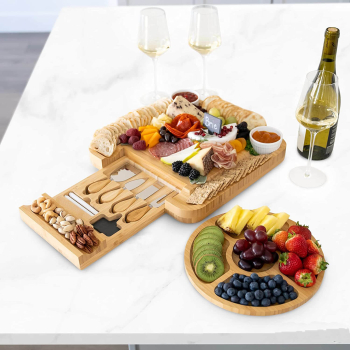 Set servire aperitive și brânzeturi AB Luxury Concept® 15 piese platou servire cu sertar ascuns și tava de fructe compartimentata cuțite și ustensile pentru servire din inox Etichet