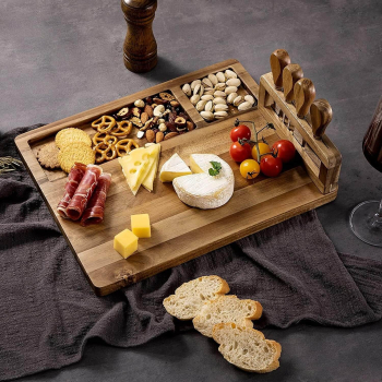 Set servire aperitive și brânzeturi AB Luxury Concept® 5 piese cuțite și ustensile pentru servire din inox cu suport pentru ustensile elegant design minimalist bambus natural mul