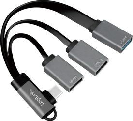HUB extern Logilink porturi USB USB 2.0 x 2 + USB 3.0 x 1 conectare prin USB-C 3.2 Gen1 90 grade 0.15m flat aluminiu ecranaj negru-gr