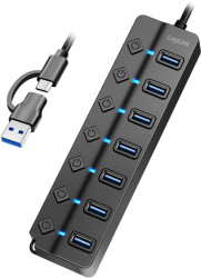 HUB extern Logilink porturi USB USB 3.0 x 7 conectare prin USB 3.2 Type C + USB-A on / off individual cablu 1.2 m negru UA0420 timbr