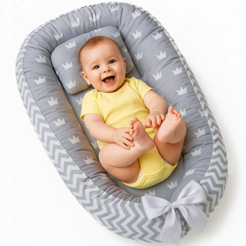 Cosulet Bebelusi pentru Dormit tip Baby Nest Linomag&reg cu Doua Fete 0-24 Luni 90x55cm Husa Bumbac Confort and Siguranta Gri desc 