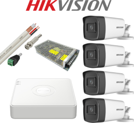 Kit Supraveghere Video 5MP Hikvision Exterior 4 Camere AnalogHD IR 40m + accesorii montaj