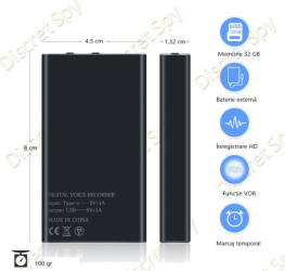 Baterie externa cu reportofon ascuns MZ006 memorie 32GB autonomie inregistrare 300 ore acumulator 2500mAh 