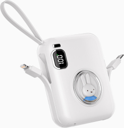 Acumulator extern miffy x Mipow 10000 mAh compatibil cu cabluri Type C & Lightning si USB C incorporate Display LED Alb