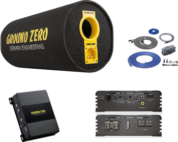 Pachet Ground Zero GZ 1300PT Subwoofer tub 30cm + GZIA 100.2 Amplificator auto 2 canale + RIK8 kit cabluri Recoil de 8mm²