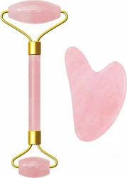 Set rola jad si gua sha pentru masaj facial si corporal SIKS&reg piatra de Jad efect de intinerire a pielii si drenaj limfatic roz desch 