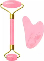 Set rola jad si gua sha pentru masaj facial si corporal SIKS&reg piatra de Jad efect de intinerire a pielii si drenaj limfatic roz inchi 