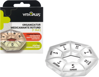 Organizator medicamente rotund VitaPlus cu 7 compartimente design compact si portabil 