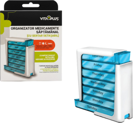 Organizator medicamente saptamanal VitaPlus cu 7 sertare detasabile design compact si portabil 