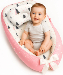 Cosulet Bebelusi pentru Dormit tip Baby Nest cu Doua Fete 0-24 Luni 90x55cm Husa Bumbac Confort & Siguranta Alb/Roz - Pink 