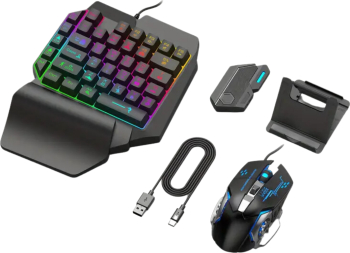 Kit Gaming Telefon cu Tastatura Iluminata 39 taste One Hand si mouse Iluminare Rainbow Video Game Combo Suport Telefon Inclus Wireless M 