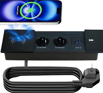 Priza incorporabila in blat ATOMKIT® 2 Prize Schuko 2 Porturi USB-A + 1 USB-C Incarcare Wireless Capac Glisant Cablu 1.8m 16A 240