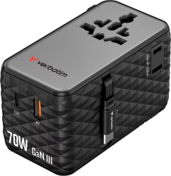 Adaptor călătorie Verbatim GaN 70W 2 cabluri retractabile USB-C PD 3.0 QC4+ până la 70W/USB-A QC 4+ până la 60W negru