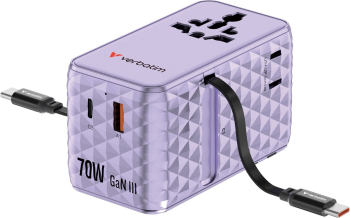 Adaptor călătorie Verbatim GaN 70W 2 cabluri retractabile USB-C PD 3.0 QC4+ până la 70W/USB-A QC 4+ până la 60W violet