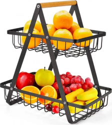 Coș metalic etajat pentru fructe și legume Ruhhy - Fructiera cu 2 niveluri și mâner din lemn