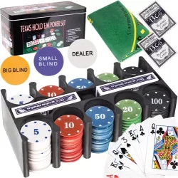 Set de poker Texas Holdem Malatec - 200 jetoane covoraș verde și cărți in cutie metalica