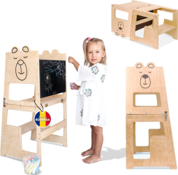 Turn de invatare 4in1 pentru copii Bear Pikler Learning Tower Multifunctional cu tabla de desen