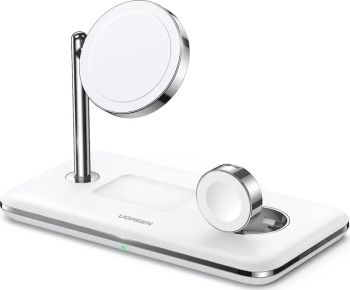 Incarcator wireless Ugreen 3-in-1, 25W, Qi2, compatibil MagSafe, pentru iPhone, AirPods și Apple Watch, Alb