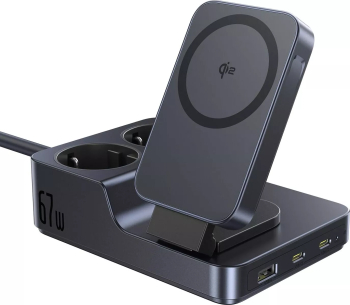Statie încărcare Baseus Nomos ND11 6 in 1, 2x AC, 1x USB-A, 2x USB-C, Qi2 Wireless, 67W, 1.5m, Negru