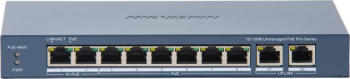 Switch PoE Hikvision DS-3E0310HP-E(C): 8 × 10/100 Mbps PoE port,2 × Gigabit RJ45 port, 16 porturi PoE maxim 30W, buget PoE 130W, tensiune al