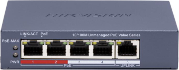 Switch POE 4 porturi Hikvision DS-3E0105P-E/M(C), fără management; 4 × 10/100 Mbps PoE port,1 × 10/100 Mbps RJ45 port, IEEE 802.3af,IEEE 802