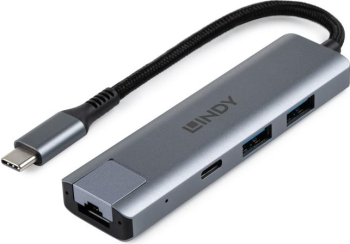 Hub Lindy USB3.2 Gigabit Ethernet, interfață USB C la RJ45 & 2x USB A & 1x USB C, interfață standard USB 3.2 / 3.1 Gen 2, Gigabit LAN, chips