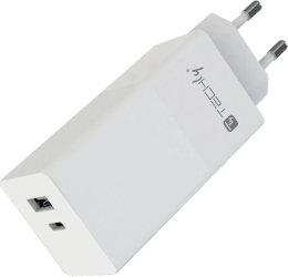 Incarcator rețea fast charging 2 porturi maxim 100W laptop tableta telefon 1 port USB-C și 1 port USB-A Alb Techly IPW-PD100W-WH