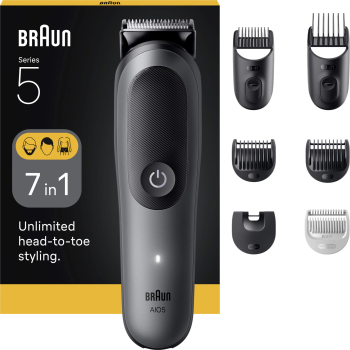 Aparat de tuns multifuncțional Braun All-in-One Seria 5 AIO5520, 7-in-1, Lama ultra ascutita, 6 Piepteni, 1 Perie de curățare, 1 Pieptene Sk