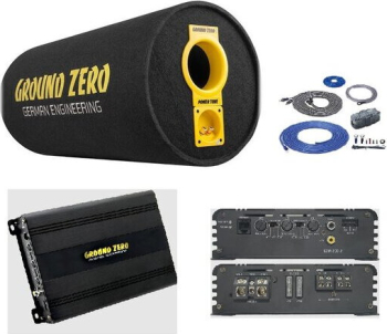 Pachet Subwoofer Auto GROUND ZERO GZ 1300PT + GZIA 200.2 + RIK8 1300W Tub Bass-Reflex 30CM Amplificator 2 Canale Kit Cabluri Negru — imaginea 2