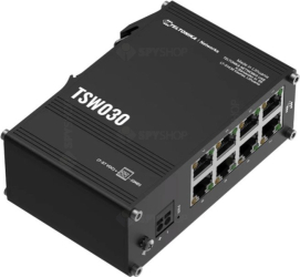 Switch industrial cu 8 porturi Teltonika TSW030, 20 Gbps, 2000 MAC, fără management, montaj pe sina DIN