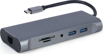 Docking station Gembird 7-in-1, USB-C x 1, USB-A 3.1 x 3, HDMI x 1, VGA x 1, RJ45 x 1, PD 100 W, SD și microSD, audio, Argintiu, A-CM-COMBO7