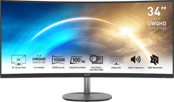 LED, MSI PRO MP341CQ VA, 34" UWQHD, Curved 1500R, 100 Hz, Display Port & HDMI, 1 ms, Speaker, Eye Care - imagine 1