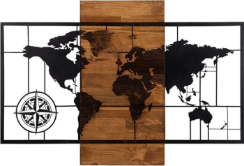 Decorațiune de perete Deco Art Lemn și metal Harta cu compas 85 x 57.5 cm Maro nuc/Negru